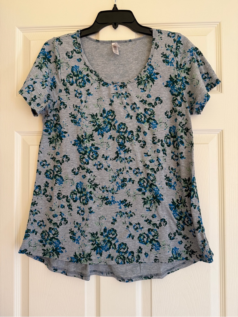 LuLaRoe Gray Scoop Neck Top with Blue and Green Floral Print